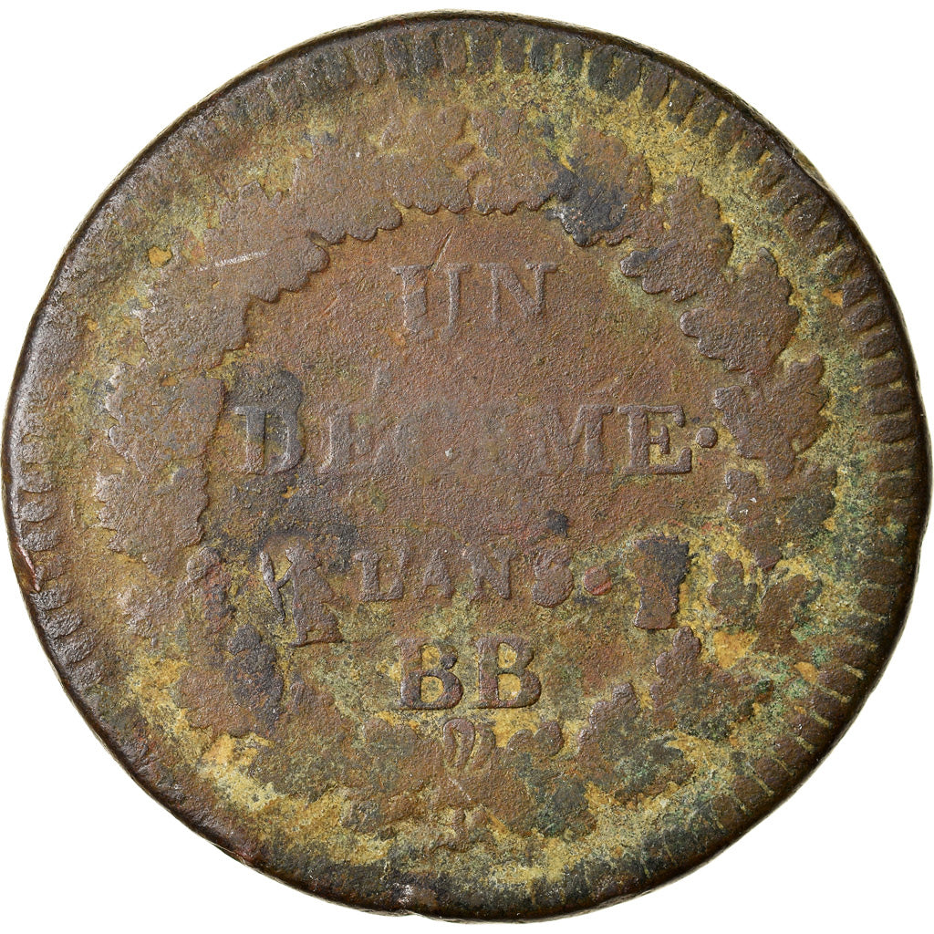 Moneta, Francia, Dupré, Decime, AN 5, Strasbourg, MB, Bronzo, KM:645.4