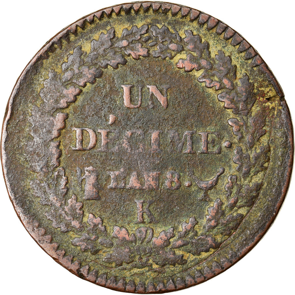 Moneda, Francia, Decime, AN 8, Bordeaux, BC+, Bronce, Gadoury:187a