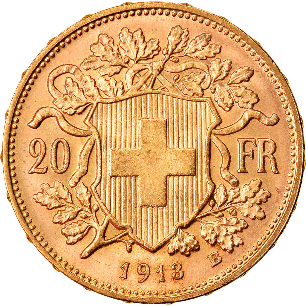 Coin, Switzerland, 20 Francs, 1913, Bern, MS(60-62), Gold, KM:35.1