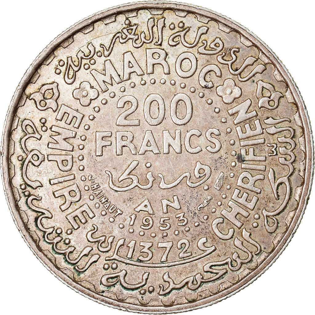 Coin, Morocco, Mohammed V, 200 Francs, 1953, Paris, AU(50-53), Silver, KM:53