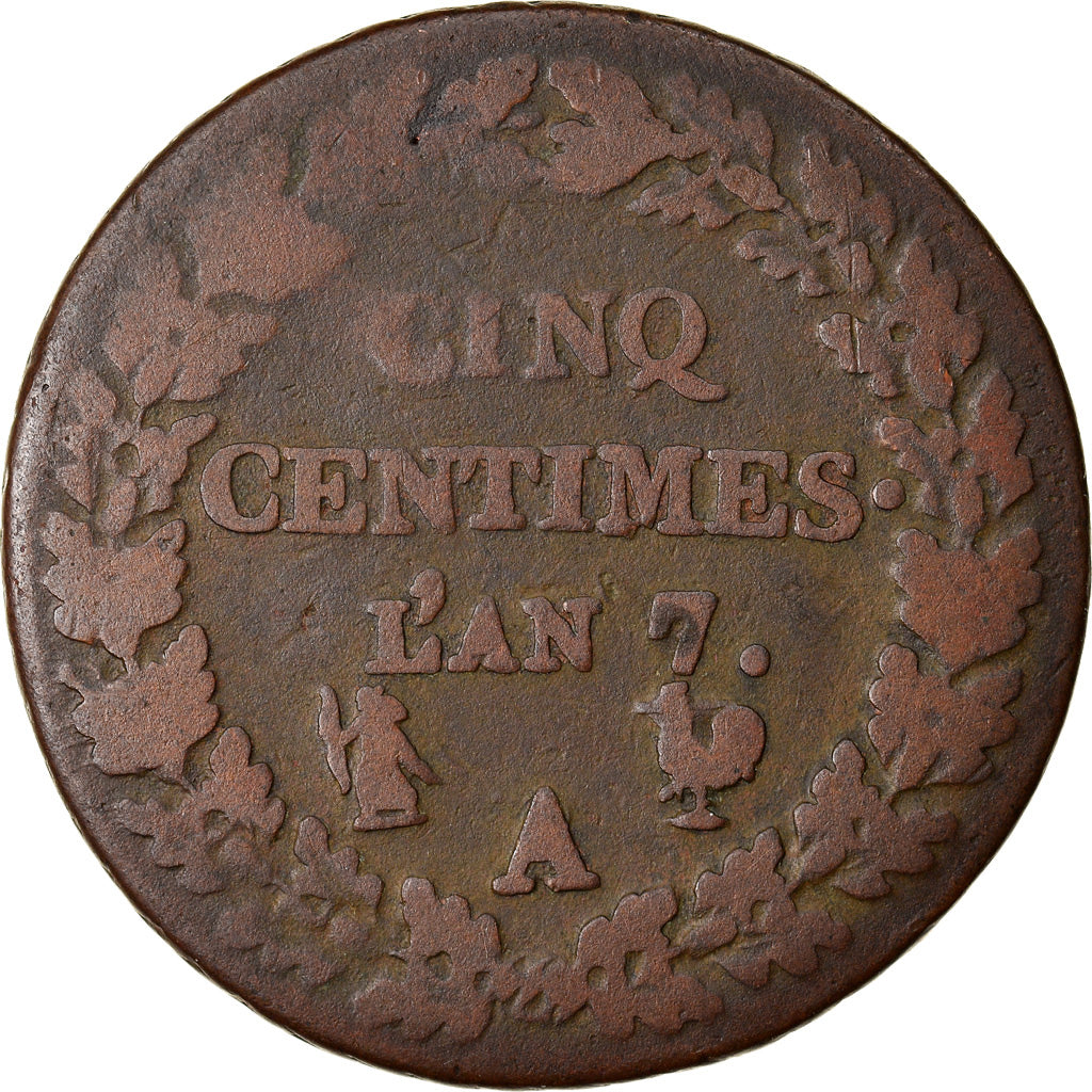 Moneda, Francia, Dupré, 5 Centimes, AN 7, Paris (A/B), rooster / vase, BC+