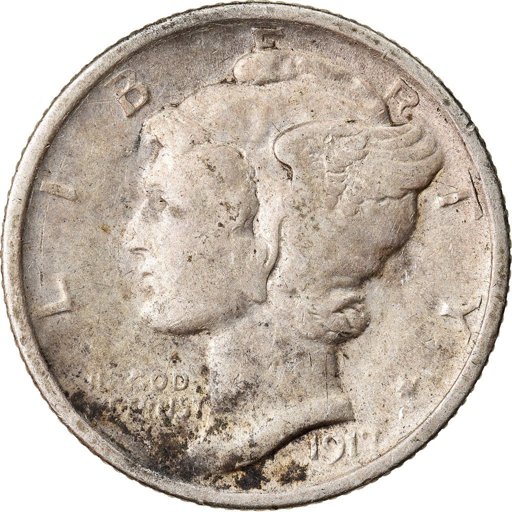 Coin, United States, Mercury Dime, Dime, 1917, U.S. Mint, Philadelphia