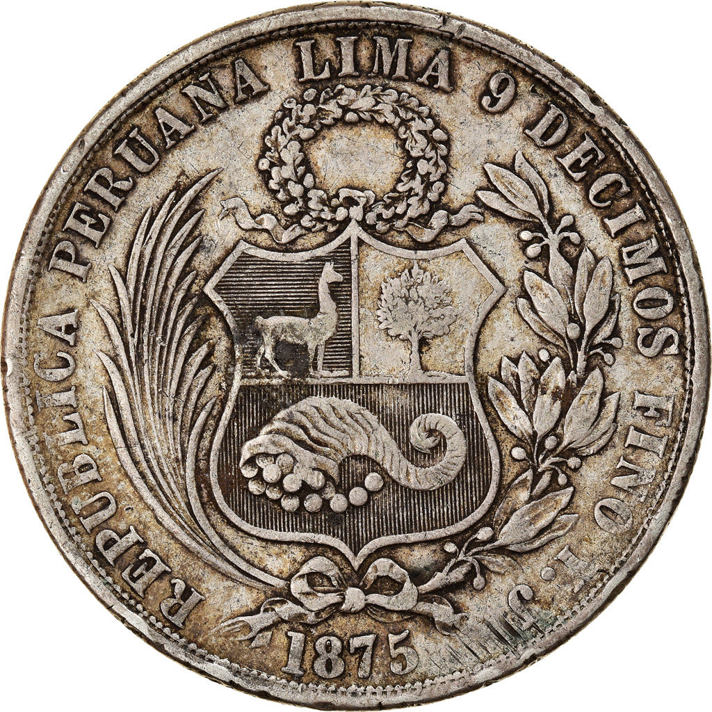Moneda, Perú, SOUTH PERU, Sol, 1875, Lima, MBC, Plata, KM:196.3