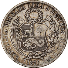 Moneda, Perú, SOUTH PERU, Sol, 1875, Lima, MBC, Plata, KM:196.3
