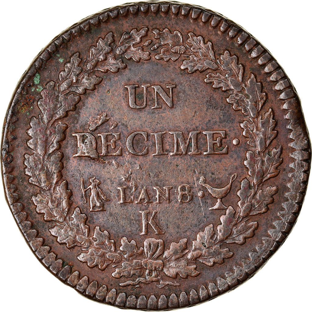 Coin, France, Dupré, Decime, AN 8, Bordeaux, EF(40-45), Bronze, Gadoury:187a