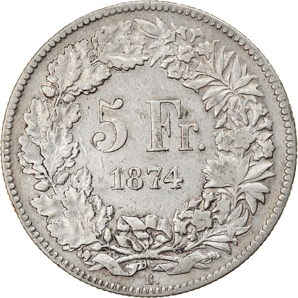 Coin, Switzerland, Helvetia, 5 Francs, 1874, Bern, VF(30-35), Silver, KM:11