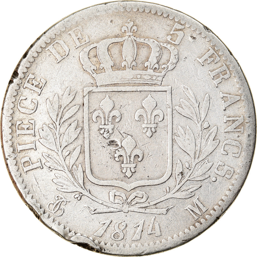 Moneda, Francia, Louis XVIII, Louis XVIII, 5 Francs, 1814, Toulouse, BC+, Plata