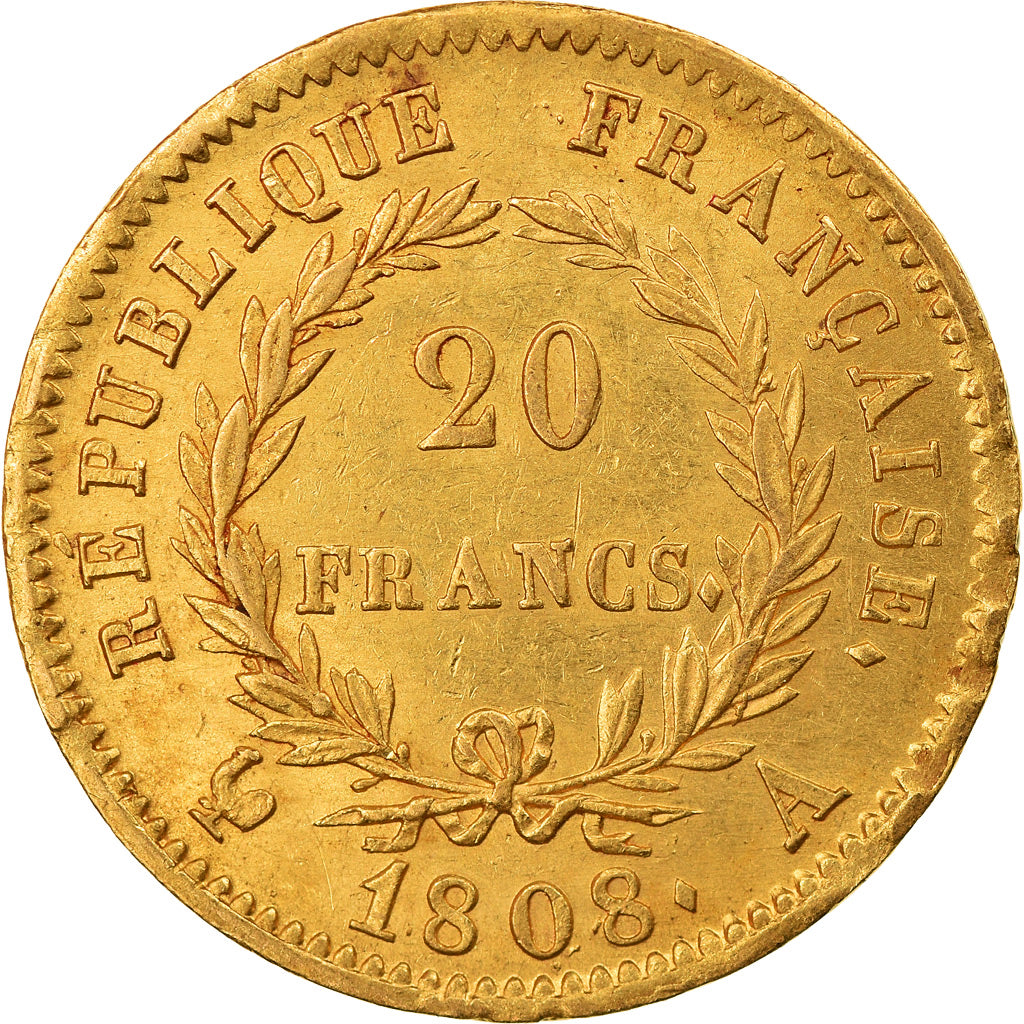 Moeda, França, Napoléon I, 20 Francs, 1808, Paris, AU(50-53), Dourado