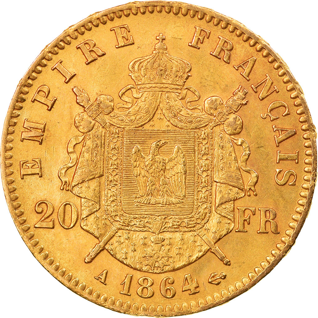 Coin, France, Napoleon III, Napoléon III, 20 Francs, 1864, Paris, MS(63), Gold
