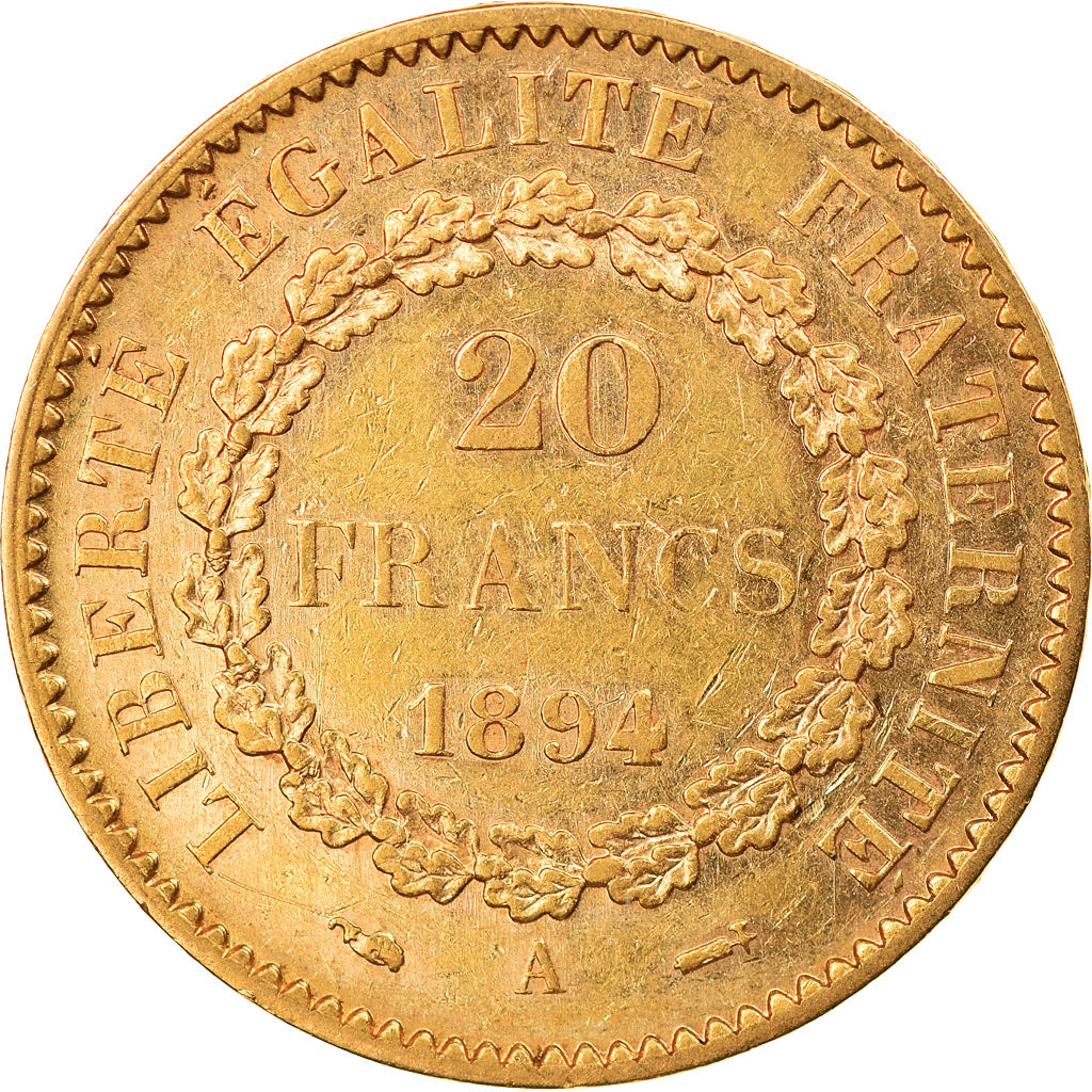 Moneta, Francja, Génie, 20 Francs, 1894, Paris, AU(50-53), Złoto, KM:825