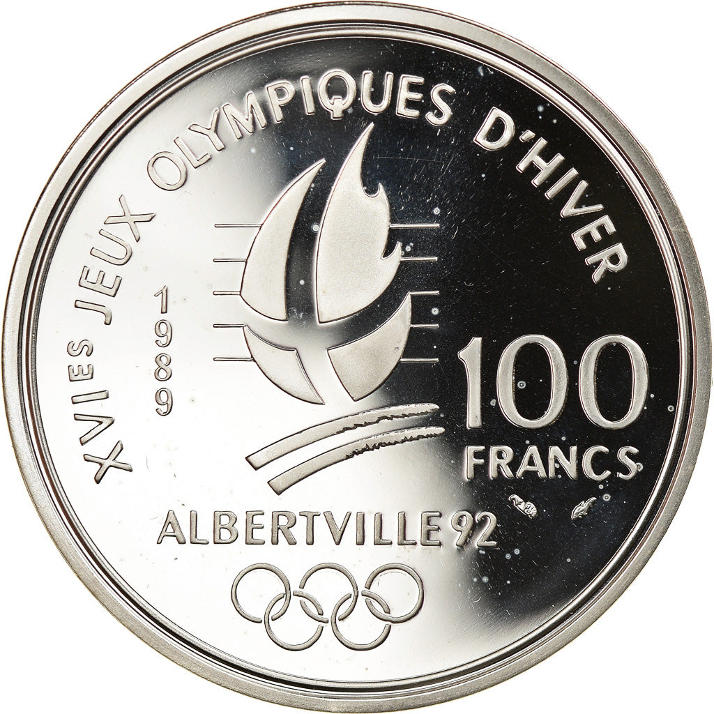 Coin, France, Alpine skiing, 100 Francs, 1989, Proof, MS(64), Silver, KM:971
