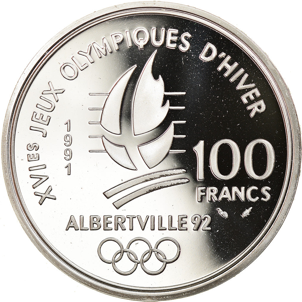 Moneta, Francia, Ski jumpers, 100 Francs, 1991, Albertville 92, SPL+, Argento