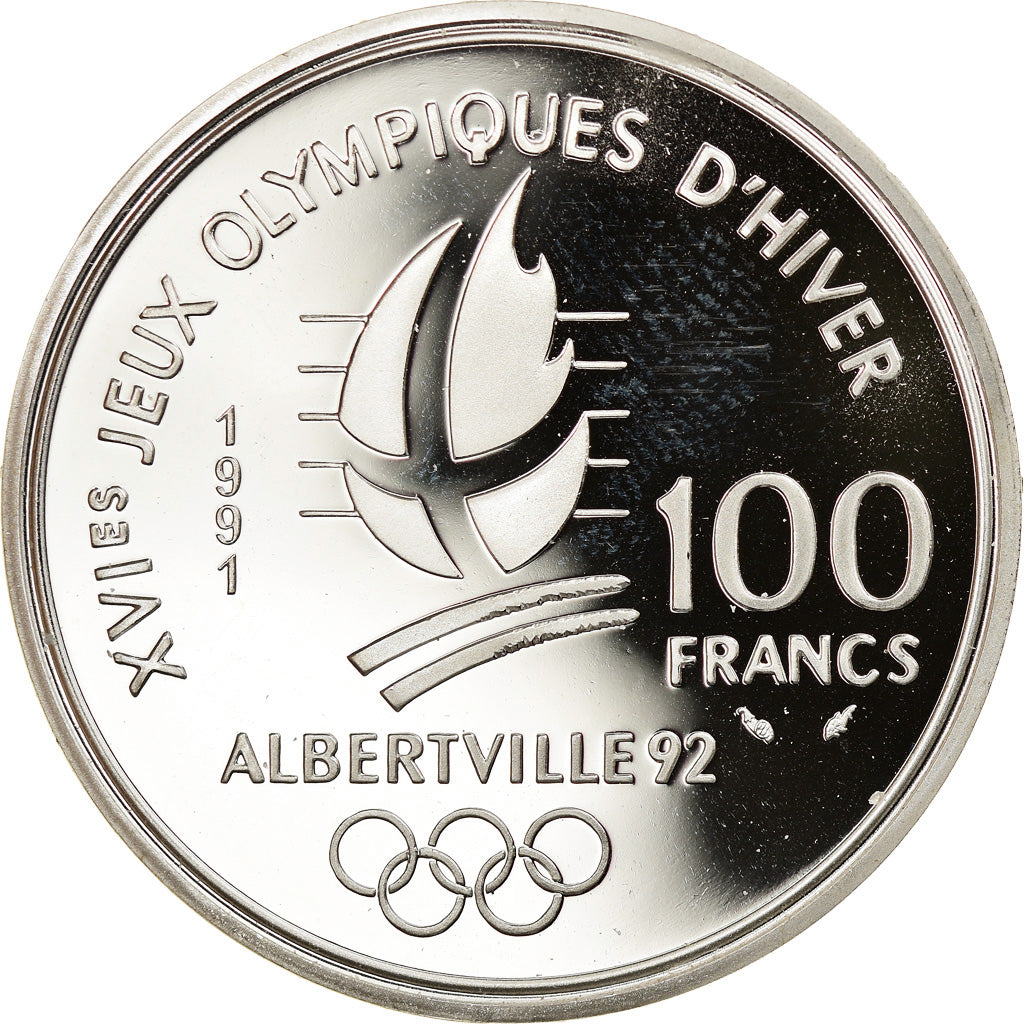 Coin, France, Hockey players, 100 Francs, 1991, Albertville 92, MS(64), Silver