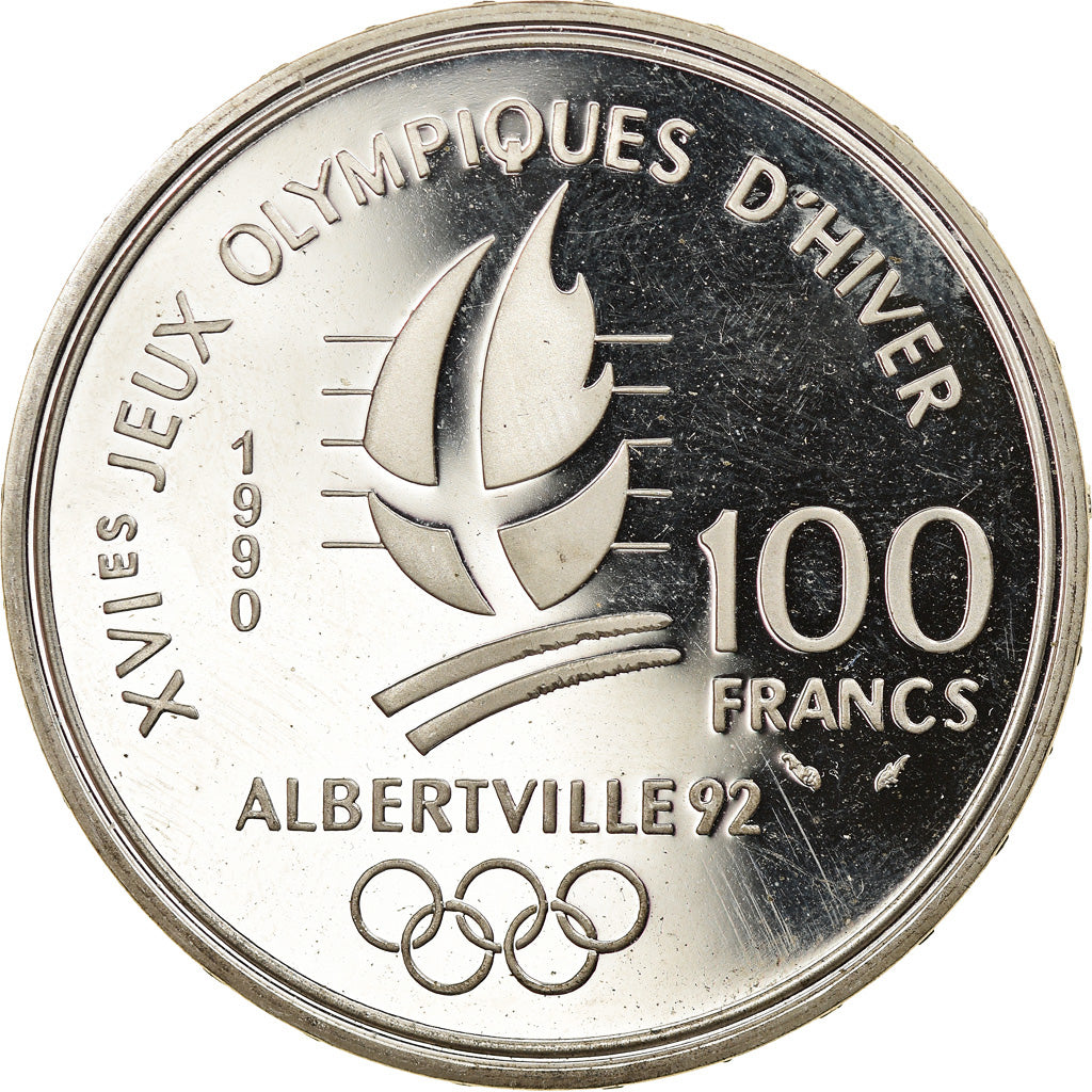 Coin, France, Speed skaters, 100 Francs, 1990, Albertville 92, MS(64), Silver