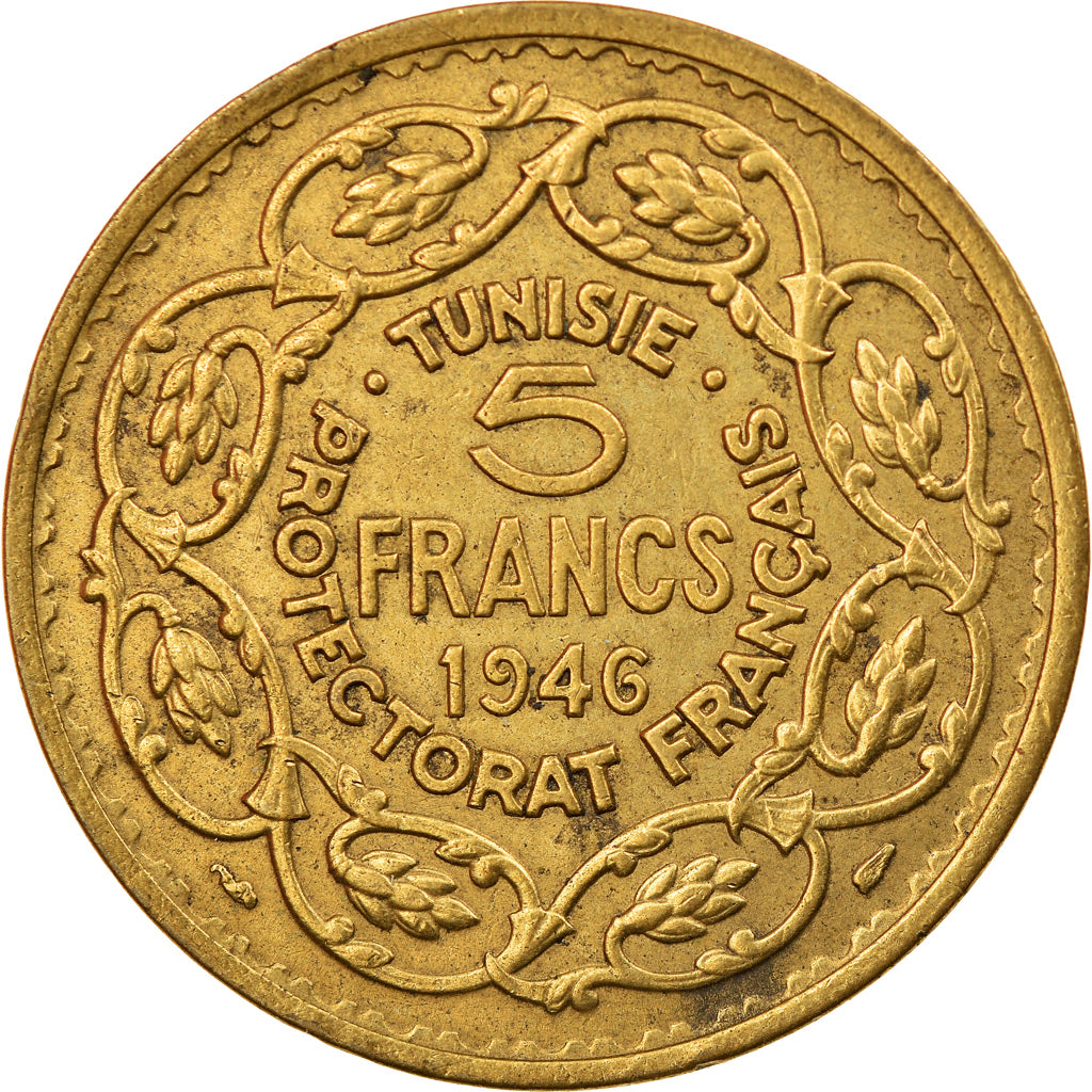 Coin, Tunisia, Muhammad al-Amin Bey, 5 Francs, 1946, Paris, AU(50-53)