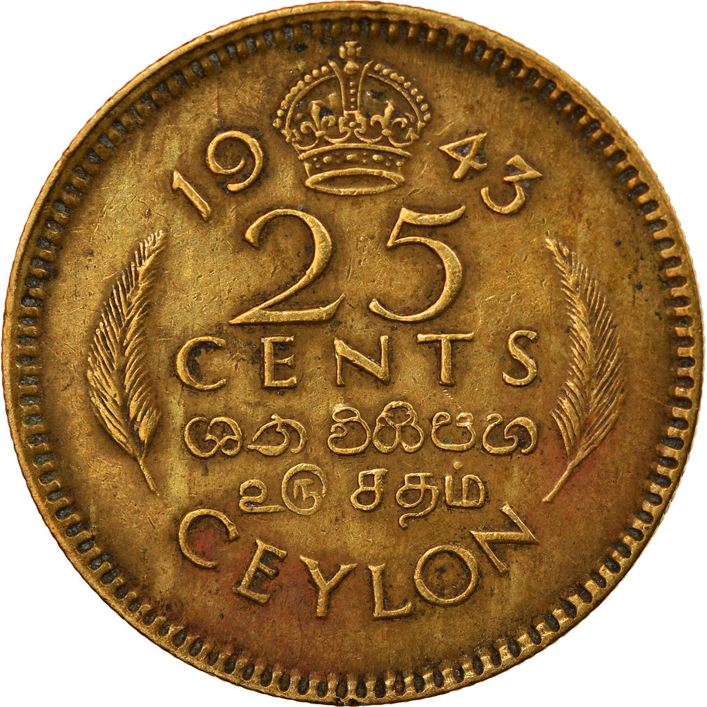 Coin, Ceylon, George VI, 25 Cents, 1943, AU(50-53), Nickel-brass, KM:115