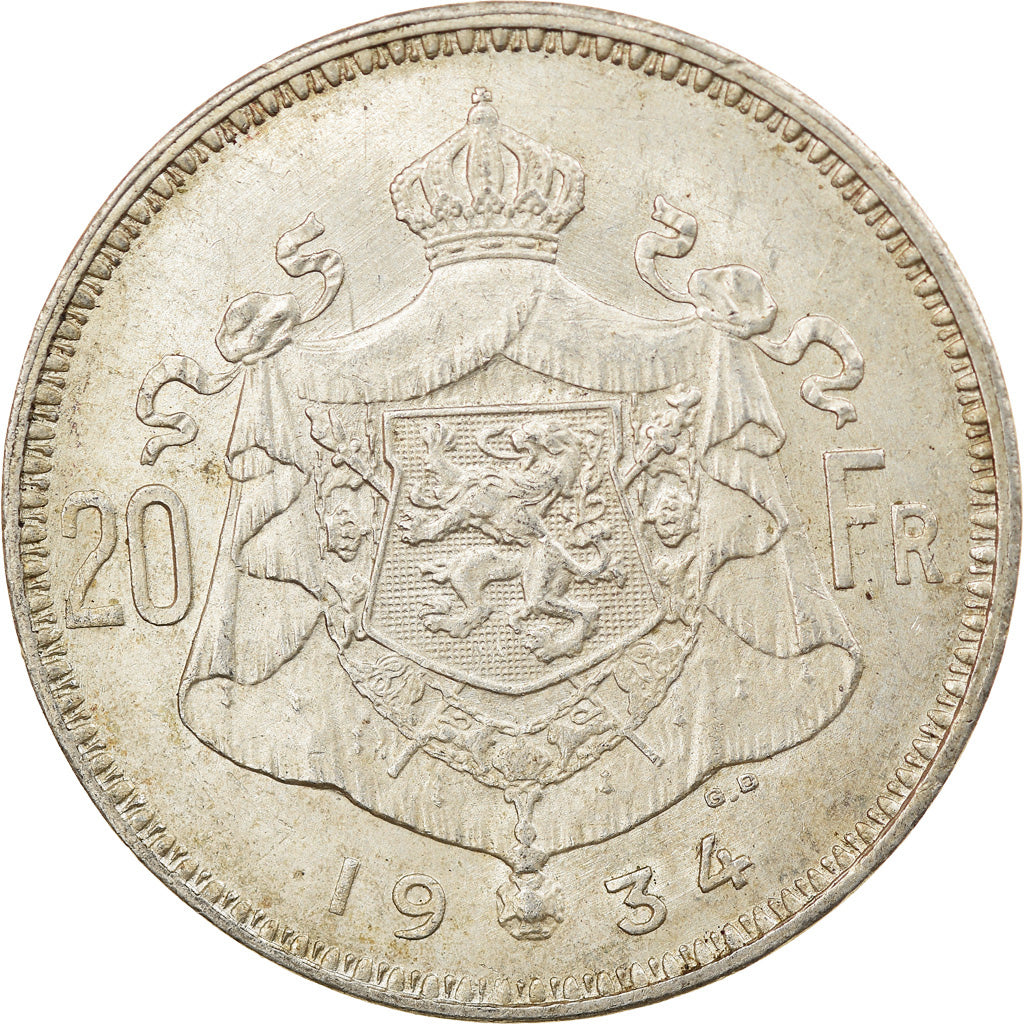 Coin, Belgium, 20 Francs, 20 Frank, 1934, AU(55-58), Silver, KM:104.1
