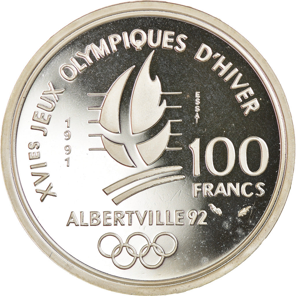 Coin, France, Pierre de Coubertin, 100 Francs, 1991, ESSAI, MS(65-70), Silver
