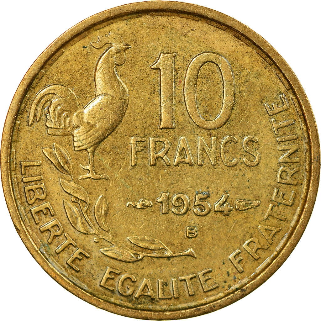 Moneda, Francia, Guiraud, 10 Francs, 1954, Beaumont - Le Roger, MBC, Aluminio -