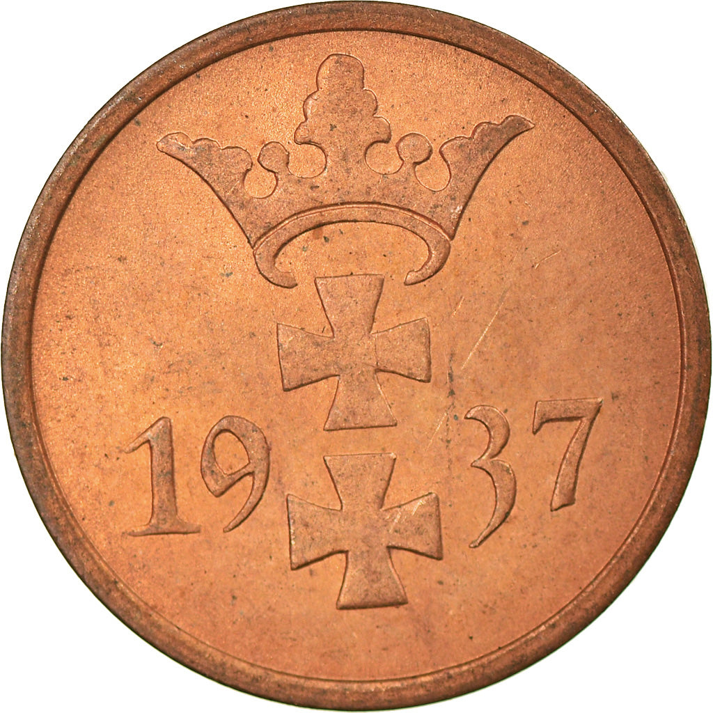 Coin, DANZIG, Pfennig, 1937, Warsaw, AU(55-58), Bronze, KM:140