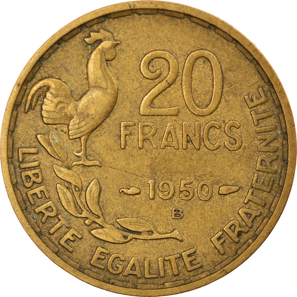 Munten, Frankrijk, Guiraud, 20 Francs, 1950, Beaumont - Le Roger, 3 faucilles /