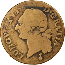Moneda, Francia, Louis XVI, Sol, 1791, Metz, BC, Cobre, KM:602.1, Gadoury:350