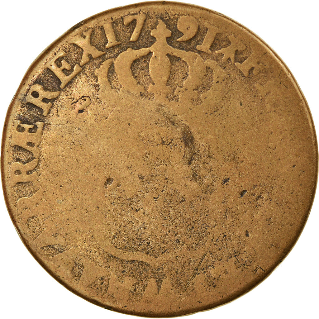 Coin, France, Louis XVI, Sol, 1791, Metz, F(12-15), Copper, KM:602.1