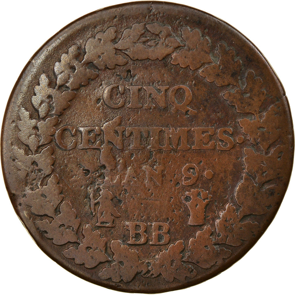 Coin, France, Dupré, 5 Centimes, AN 9, Strasbourg, VF(20-25), Bronze, KM:640.4