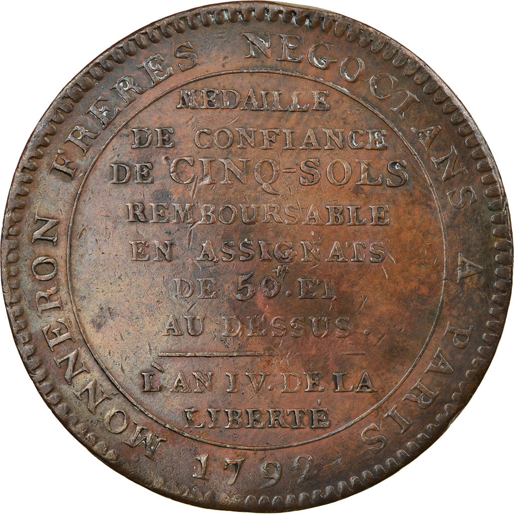 Coin, France, Monneron, 5 Sols, 1792, Paris, VF(30-35), Bronze