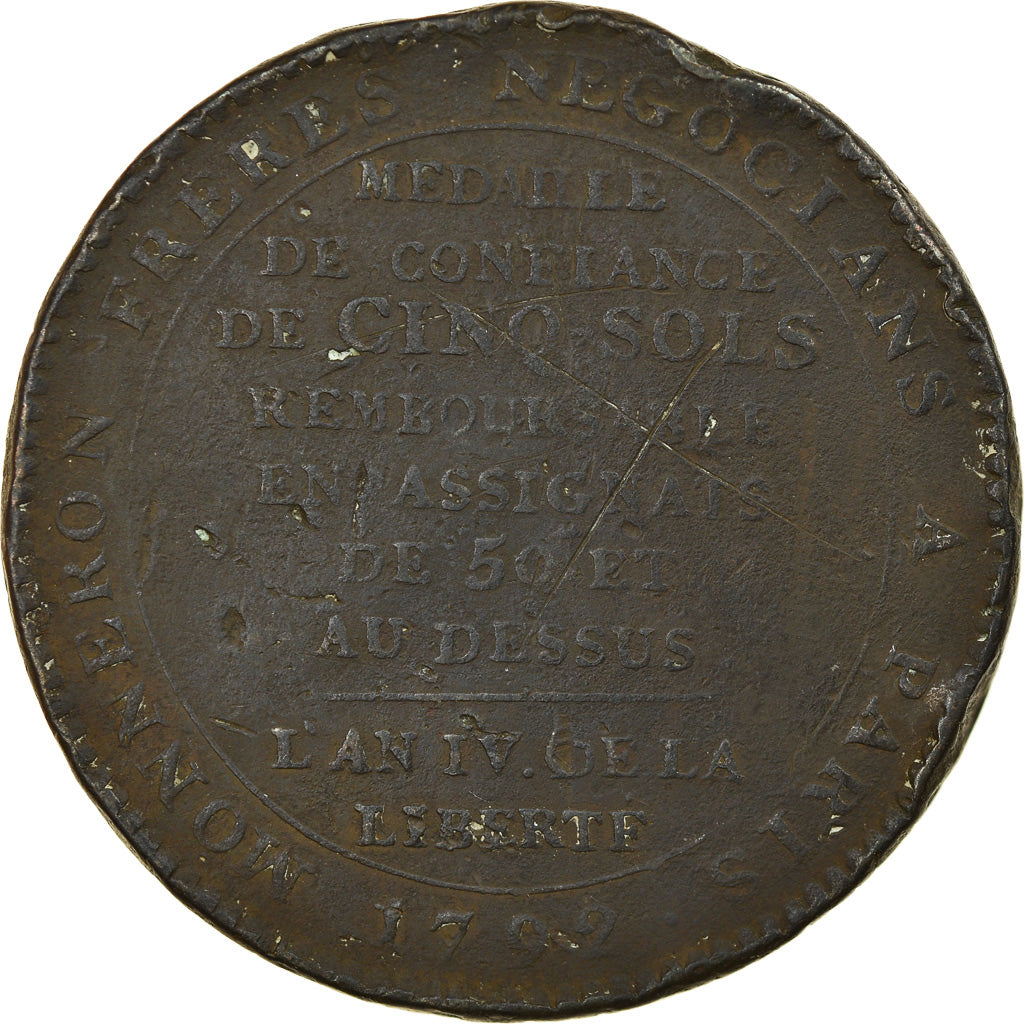 Coin, France, Monneron, 5 Sols, 1792, Paris, F(12-15), Bronze