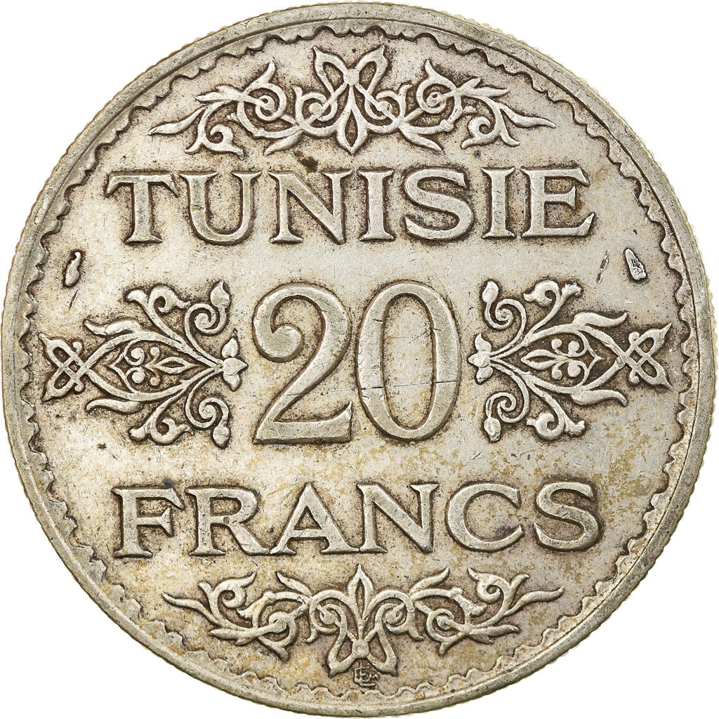 Coin, Tunisia, Ahmad Pasha Bey, 20 Francs, 1934, Paris, EF(40-45), Silver