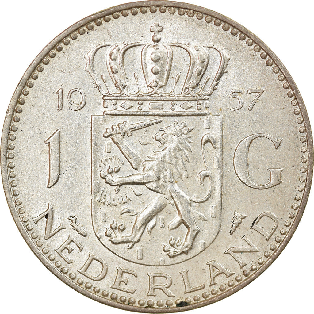 Coin, Netherlands, Juliana, Gulden, 1957, AU(55-58), Silver, KM:184