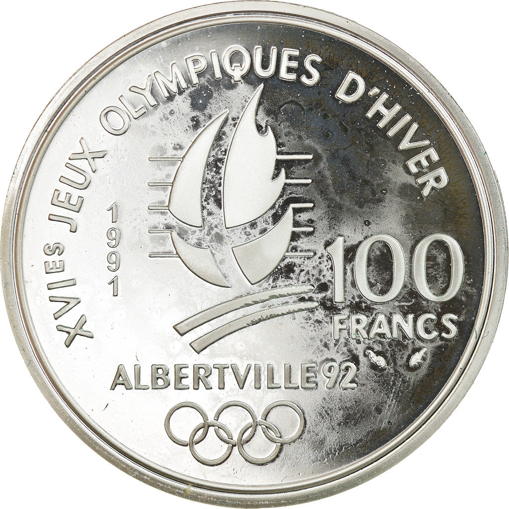 Münze, Frankreich, Ski jumpers, 100 Francs, 1991, Proof, STGL, Silber, KM:995