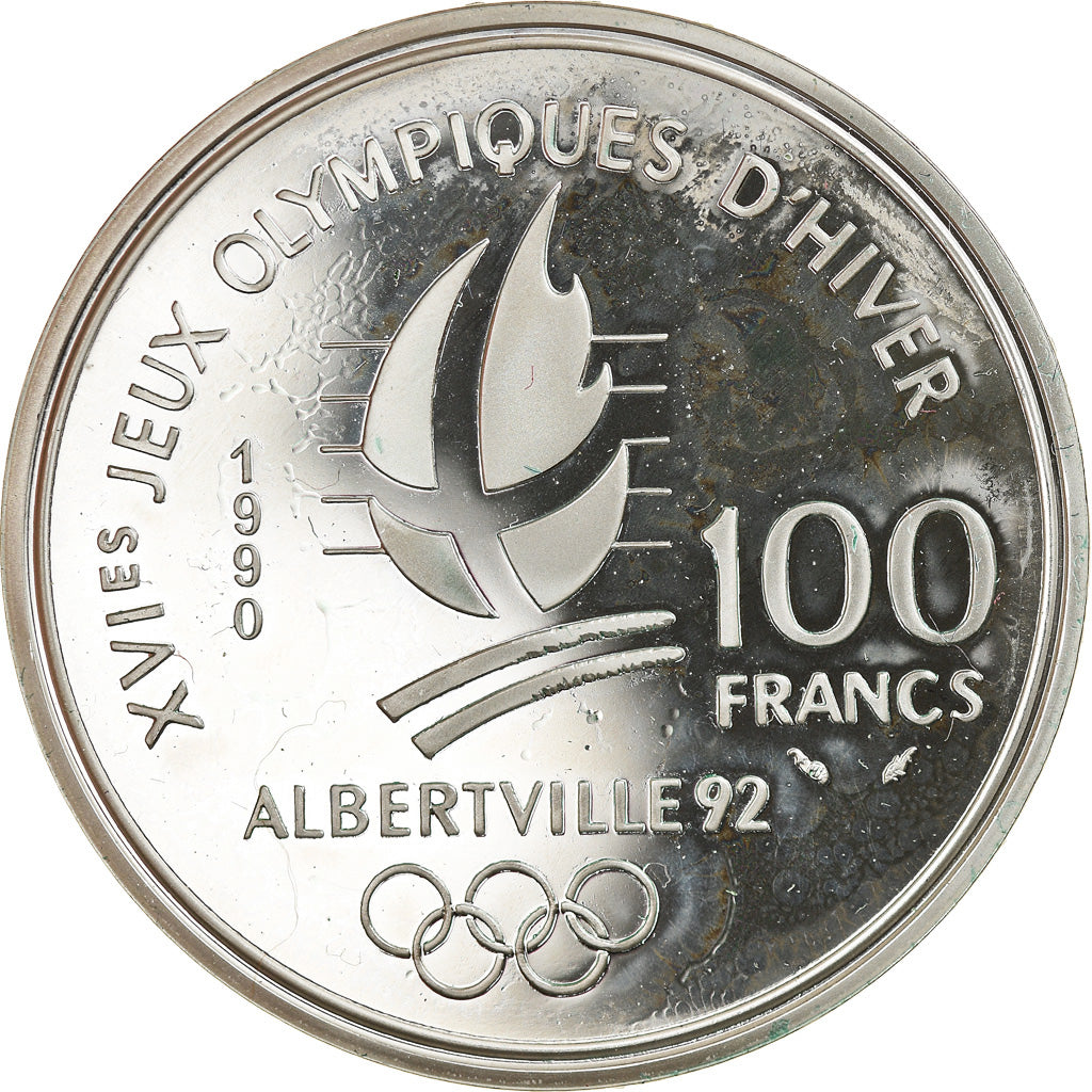 Moneta, Francia, Bobsledding, 100 Francs, 1990, Proof, FDC, Argento, KM:981
