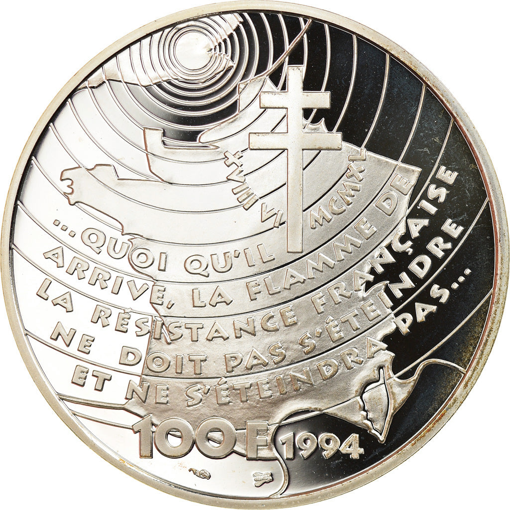 Moneta, Francia, Appel du 18 juin 1940, 100 Francs, 1994, Proof, FDC, Argento