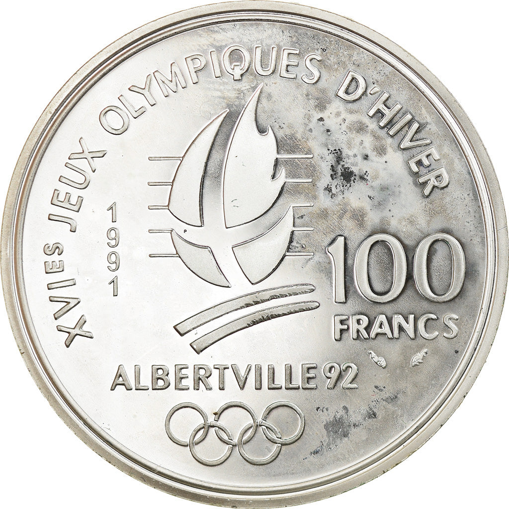 Moneda, Francia, Cross-country skier, 100 Francs, 1991, Albertville 92, FDC