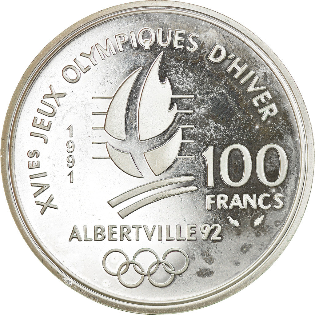 Moeda, França, Hockey players, 100 Francs, 1991, Albertville 92, MS(65-70)