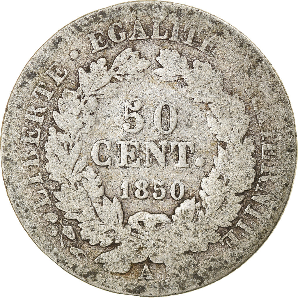 Moneda, Francia, 50 Centimes, 1850, Paris, BC+, Plata, KM:769.1, Gadoury:411