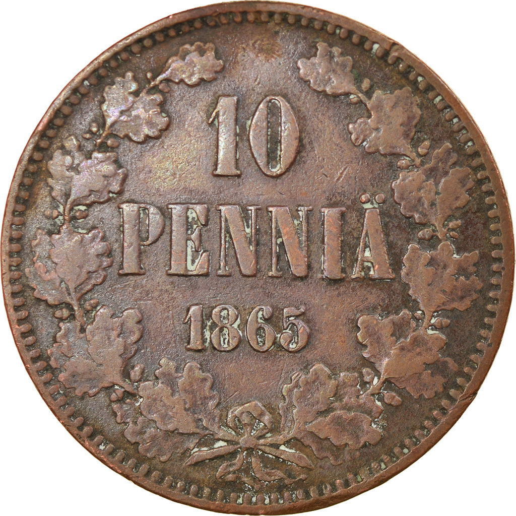 Moneta, Finlandia, Alexander II, 10 Pennia, 1865, MB+, Rame, KM:5.1