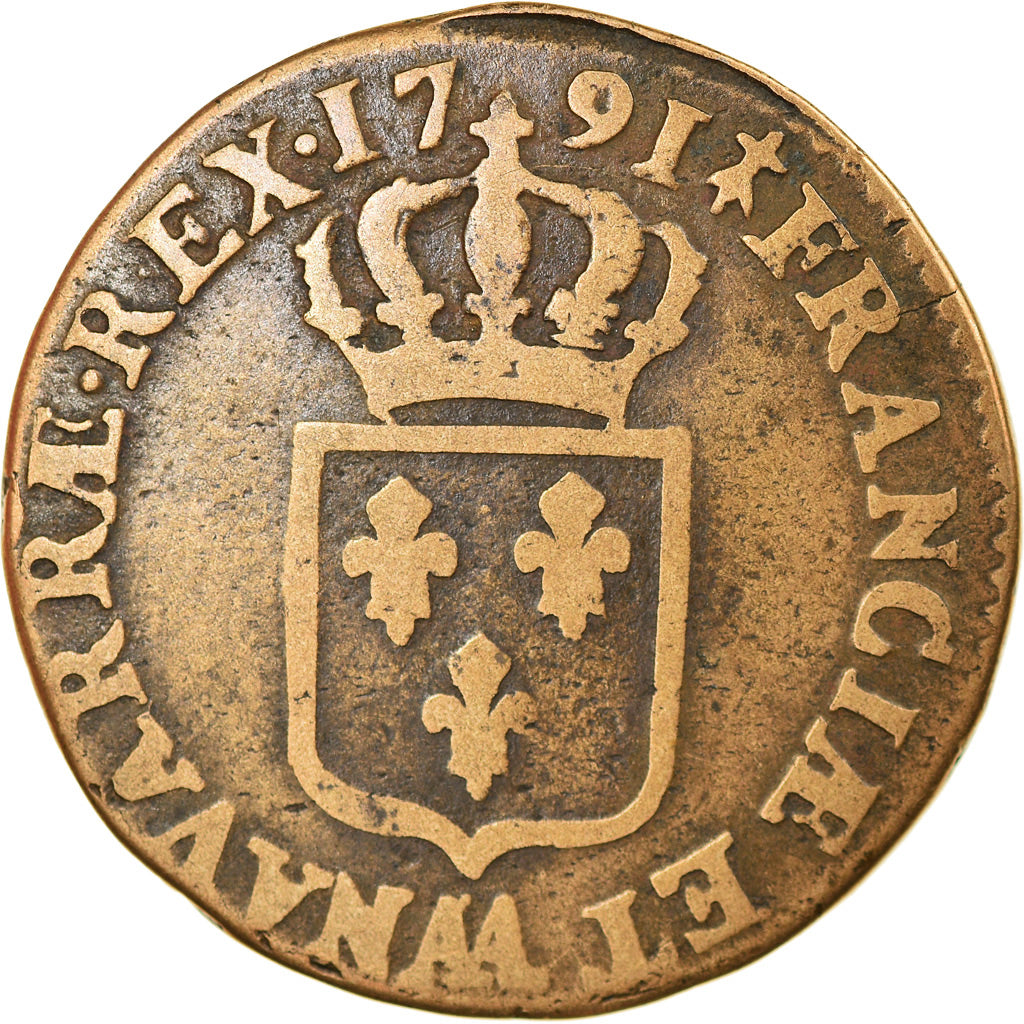 France, Louis XVI, Sol, 1791, Metz, VF(30-35), Copper, KM:602.1, Gadoury:350