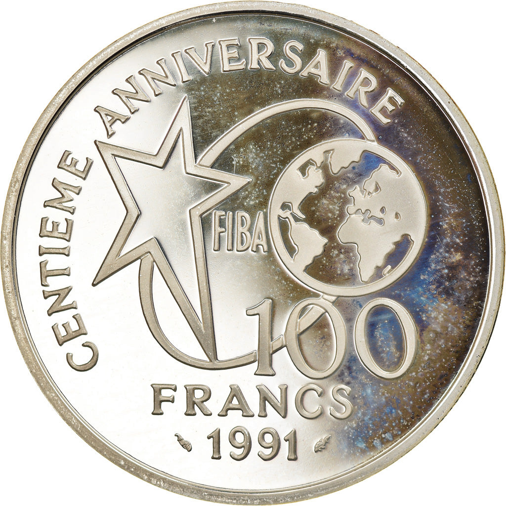 Moneda, Francia, FIBA dribbleur, 100 Francs, 1991, Paris, Proof, FDC, Plata