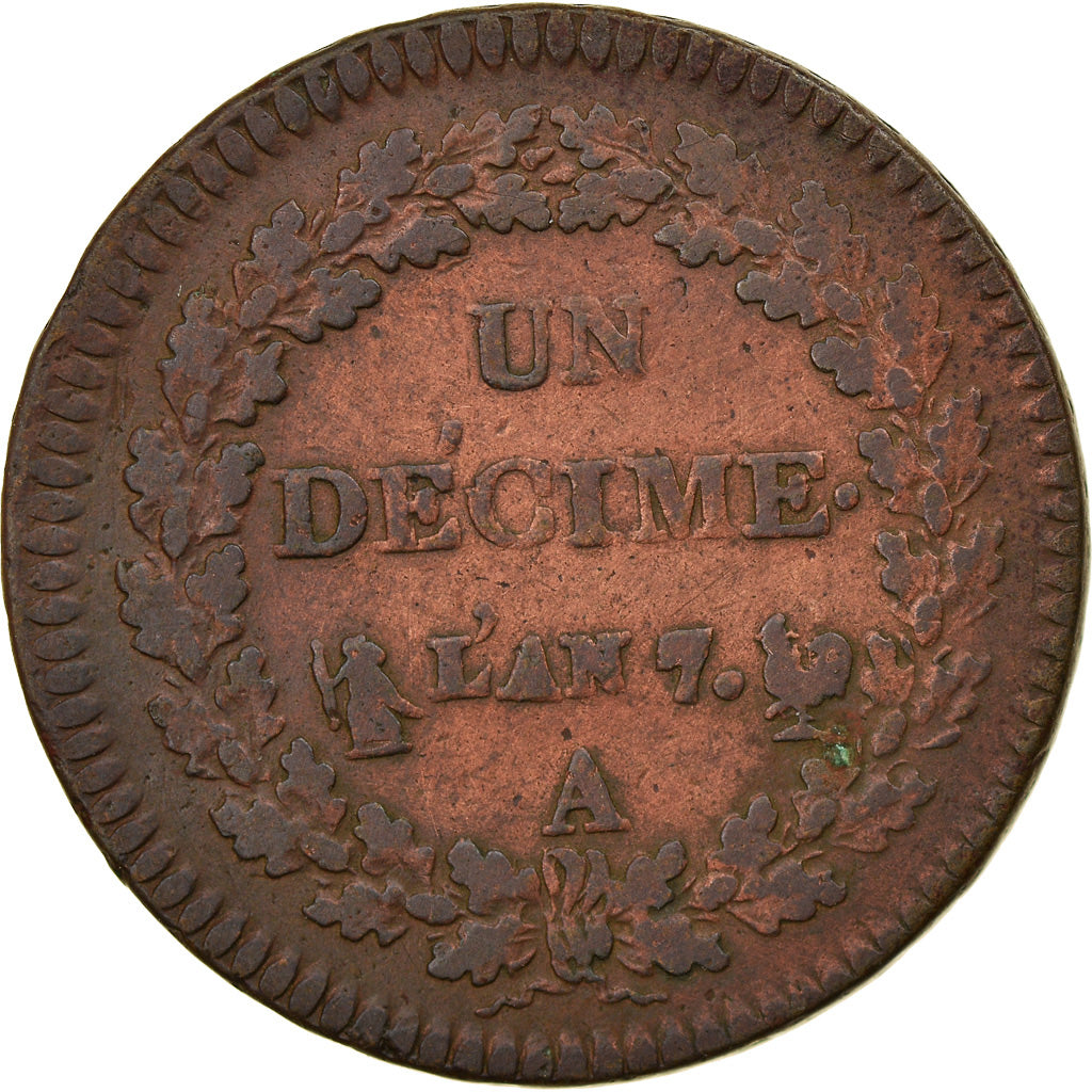 Münze, Frankreich, Dupré, Decime, AN 7, Paris, S+, Bronze, KM:644.1
