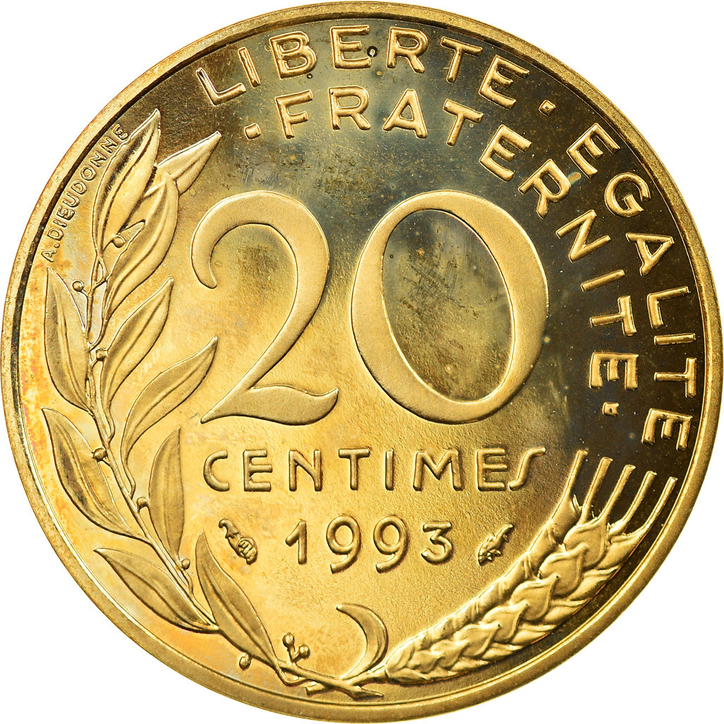 Moeda, França, Marianne, 20 Centimes, 1993, Paris, Proof, MS(64)