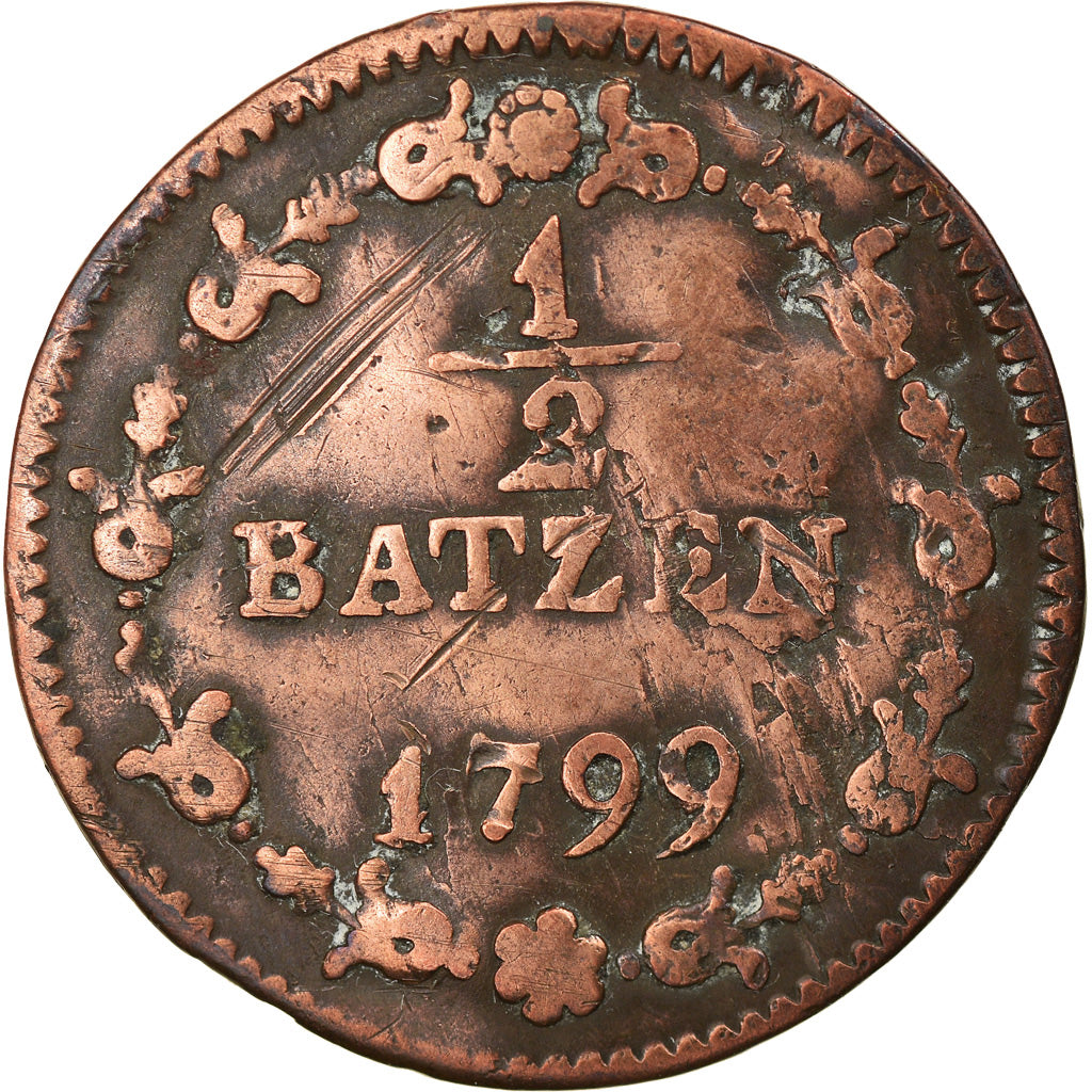 Moneda, Suiza, 1/2 Batzen, 1799, BC, Vellón, KM:A6