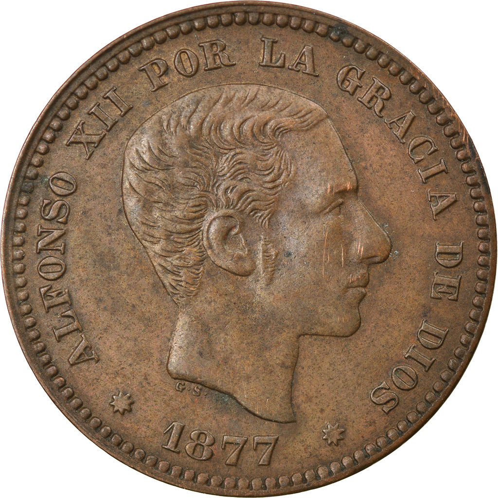 Coin, Spain, Alfonso XII, 5 Centimos, 1877, Madrid, AU(50-53), Bronze, KM:674