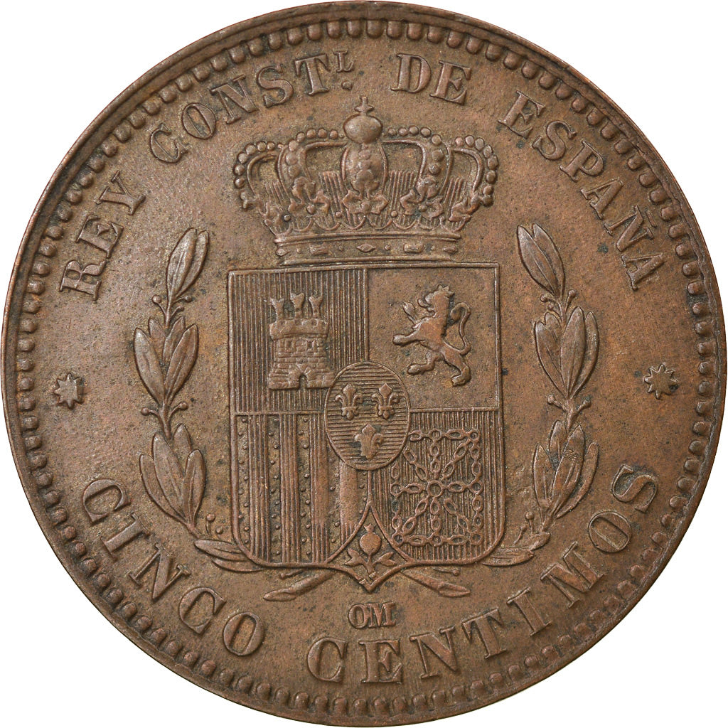 Coin, Spain, Alfonso XII, 5 Centimos, 1877, Madrid, AU(50-53), Bronze, KM:674