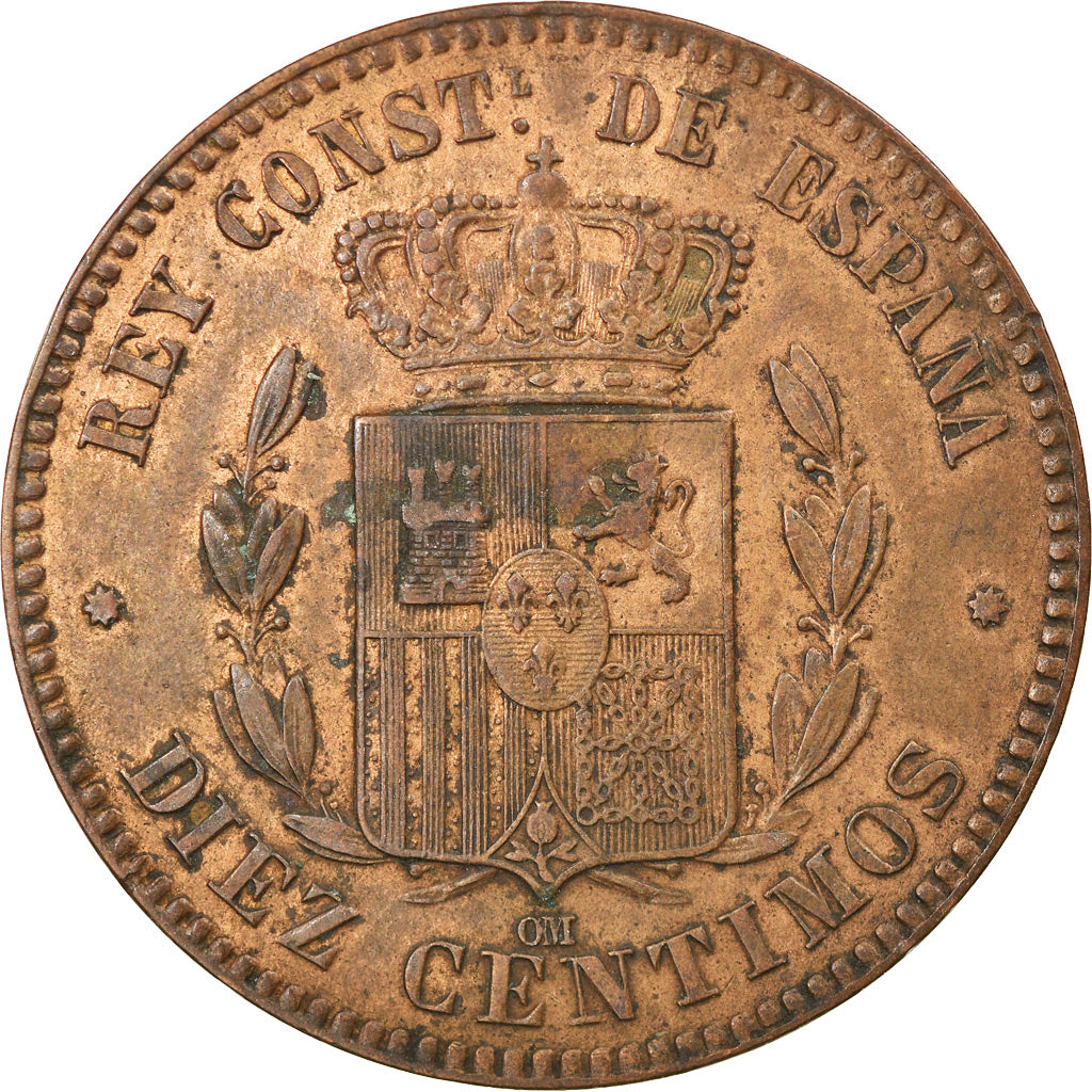 Coin, Spain, Alfonso XII, 10 Centimos, 1877, Madrid, AU(50-53), Bronze, KM:675