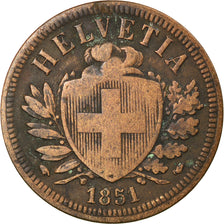 Coin, Switzerland, 2 Rappen, 1851, Paris, VF(20-25), Bronze, KM:4.1