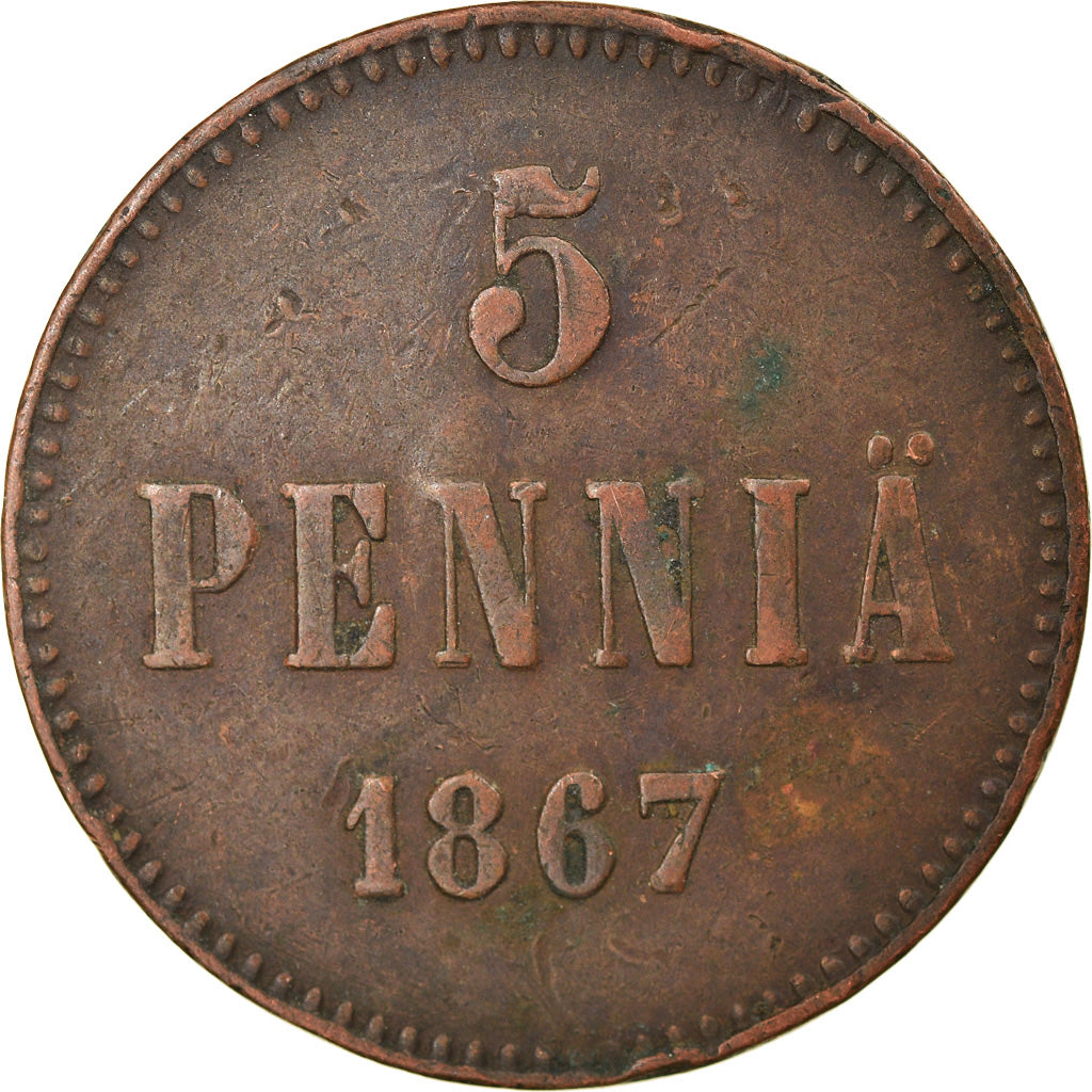 Monnaie, Finlande, Alexander II, 5 Pennia, 1867, TTB, Cuivre, KM:4.1