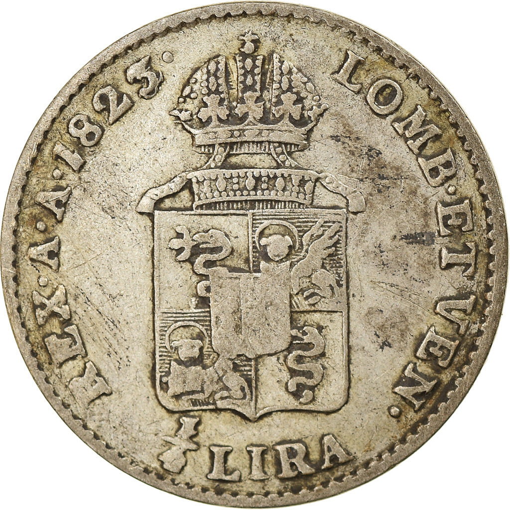 Münze, Italien Staaten, LOMBARDY-VENETIA, 1/4 Lira, 1823, Milan, S+, Silber